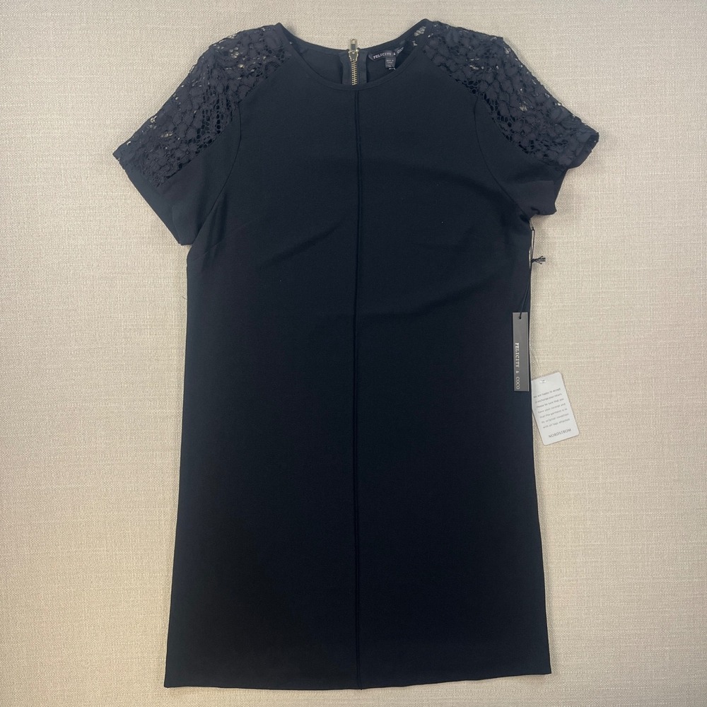 Felicity & Coco Womens XS Black Lace Shoulder Shift Dress NWT Nordstrom LBD